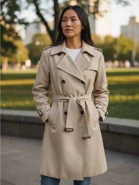 Lands’ End Beige Belted Trench Coat Womens 18W Classic Raincoat